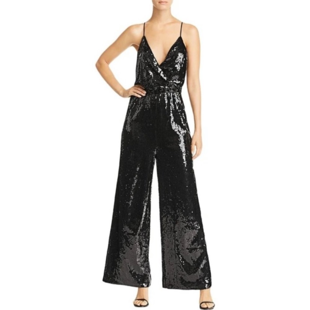 NWT AQUA Sequin Surplice Wide Leg Evening Jumpsuit XS